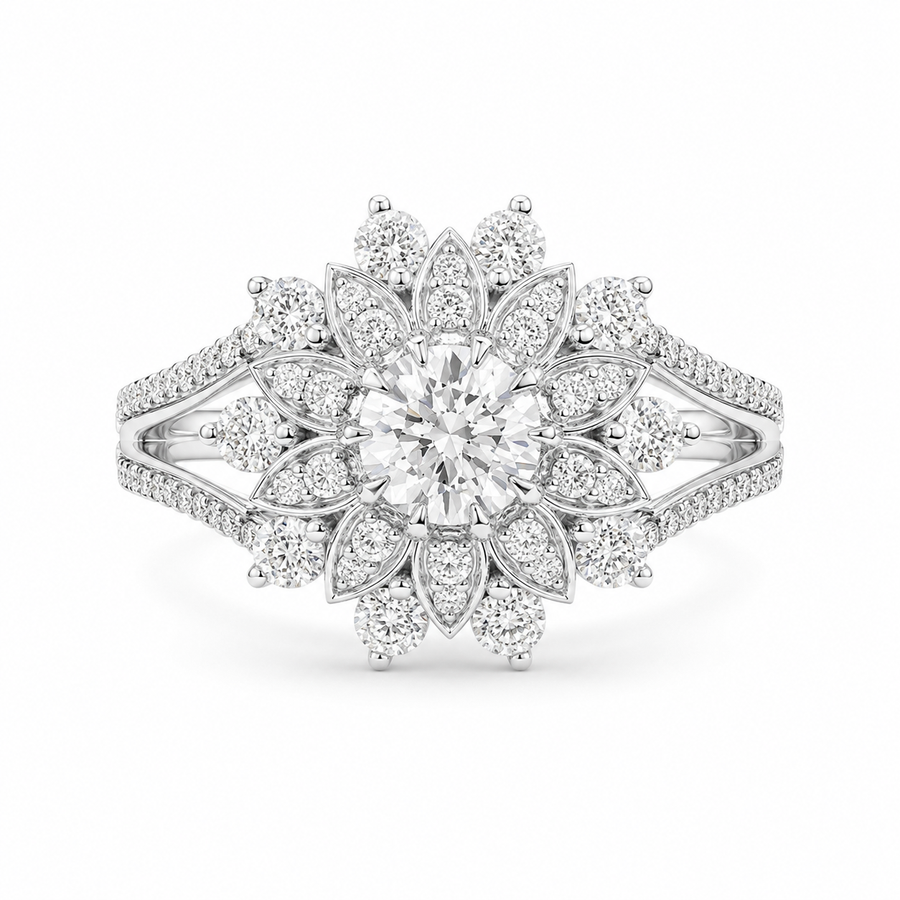 2.45 CT Flower Cluster Lab-Grown Diamond Double Halo Engagement Ring in 14K White Gold – Art Deco Sunburst Floral Design