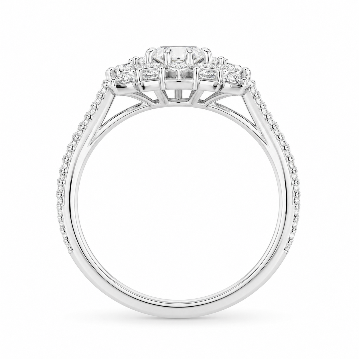 2.45 CT Flower Cluster Lab-Grown Diamond Double Halo Engagement Ring in 14K White Gold – Art Deco Sunburst Floral Design