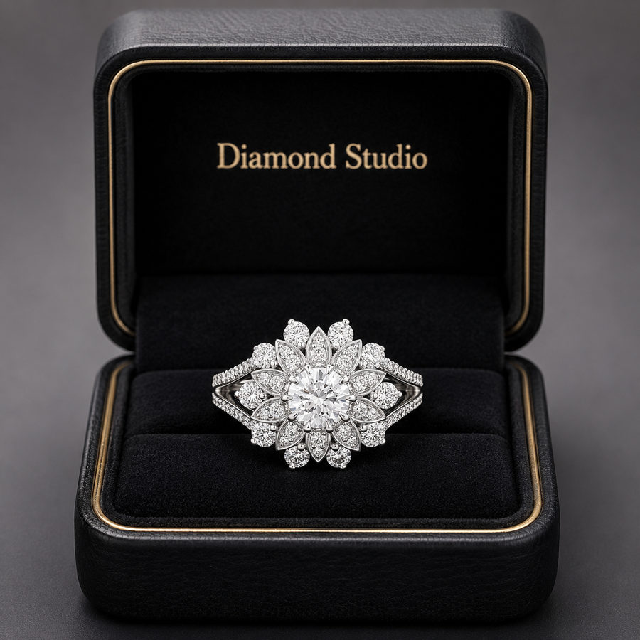 2.45 CT Flower Cluster Lab-Grown Diamond Double Halo Engagement Ring in 14K White Gold – Art Deco Sunburst Floral Design