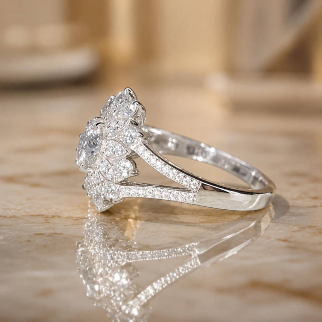 2.45 CT Flower Cluster Lab-Grown Diamond Double Halo Engagement Ring in 14K White Gold – Art Deco Sunburst Floral Design