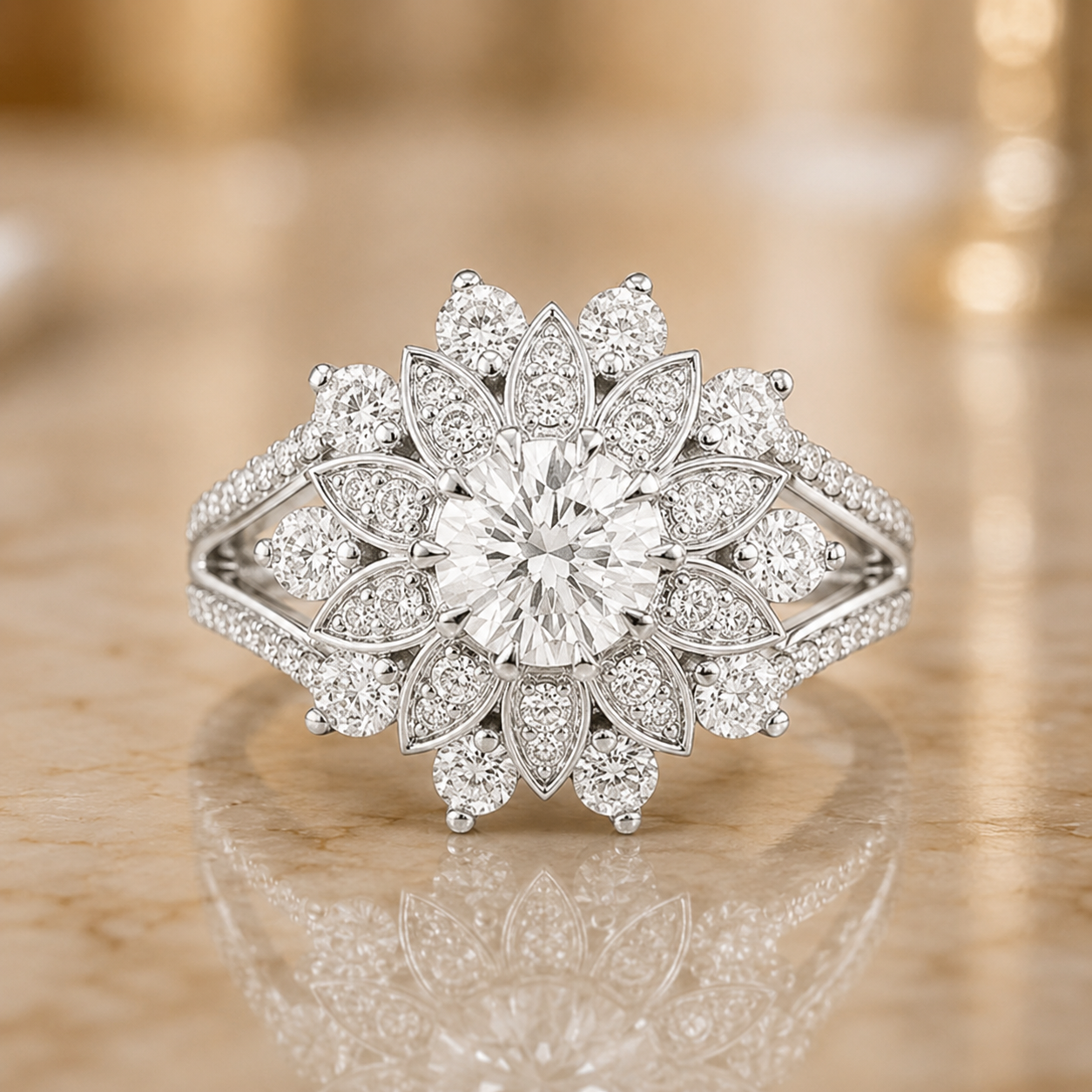 2.45 CT Flower Cluster Lab-Grown Diamond Double Halo Engagement Ring in 14K White Gold – Art Deco Sunburst Floral Design