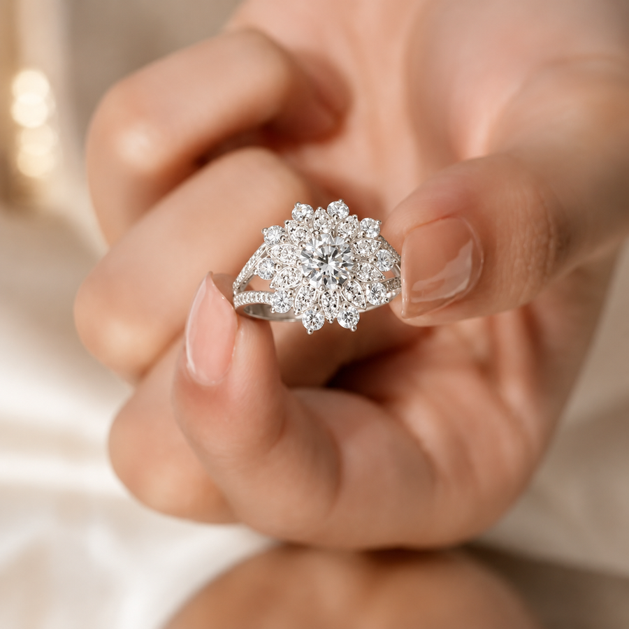 2.45 CT Flower Cluster Lab-Grown Diamond Double Halo Engagement Ring in 14K White Gold – Art Deco Sunburst Floral Design