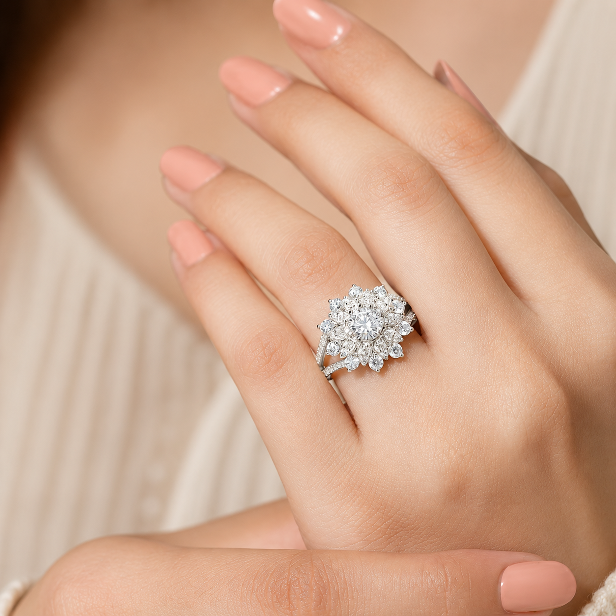 2.45 CT Flower Cluster Lab-Grown Diamond Double Halo Engagement Ring in 14K White Gold – Art Deco Sunburst Floral Design