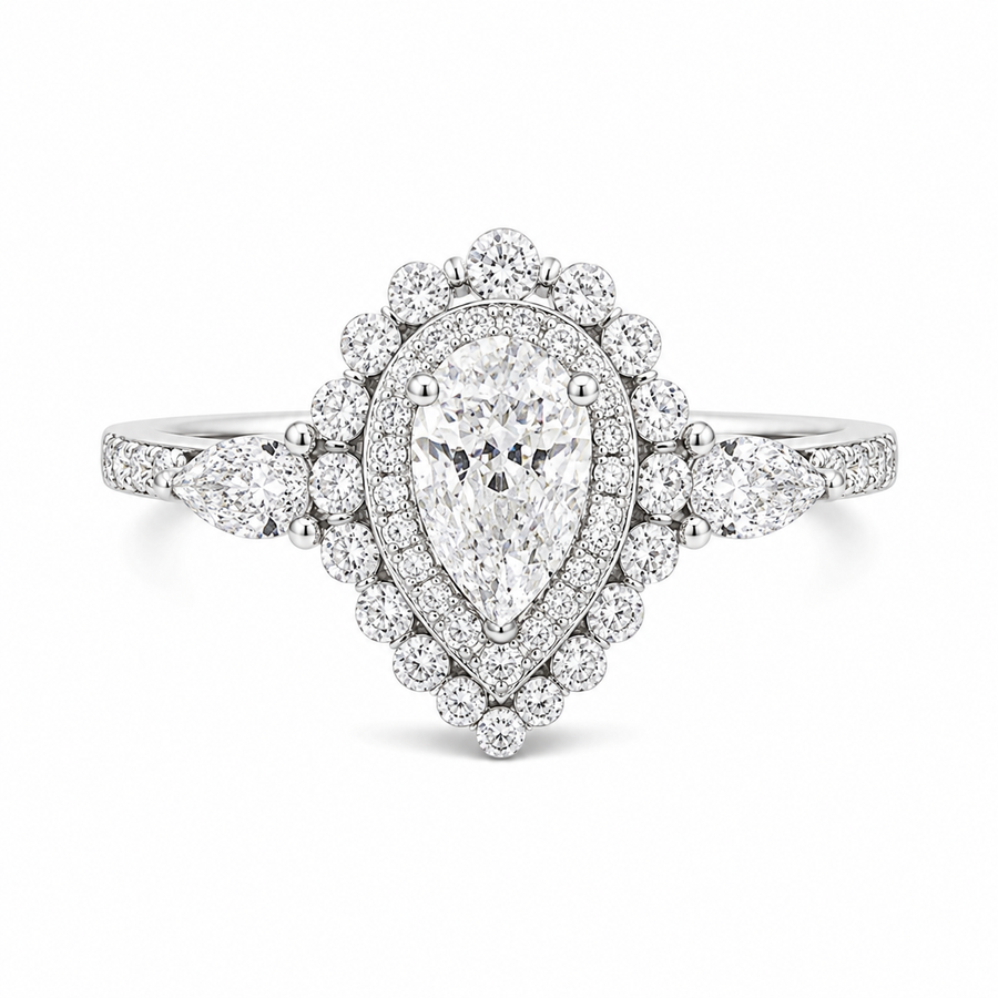 3.00 CT Pear Cut Lab-Grown Diamond Double Halo Engagement Ring in 14K White Gold – Teardrop Bridal Design with Side Stones