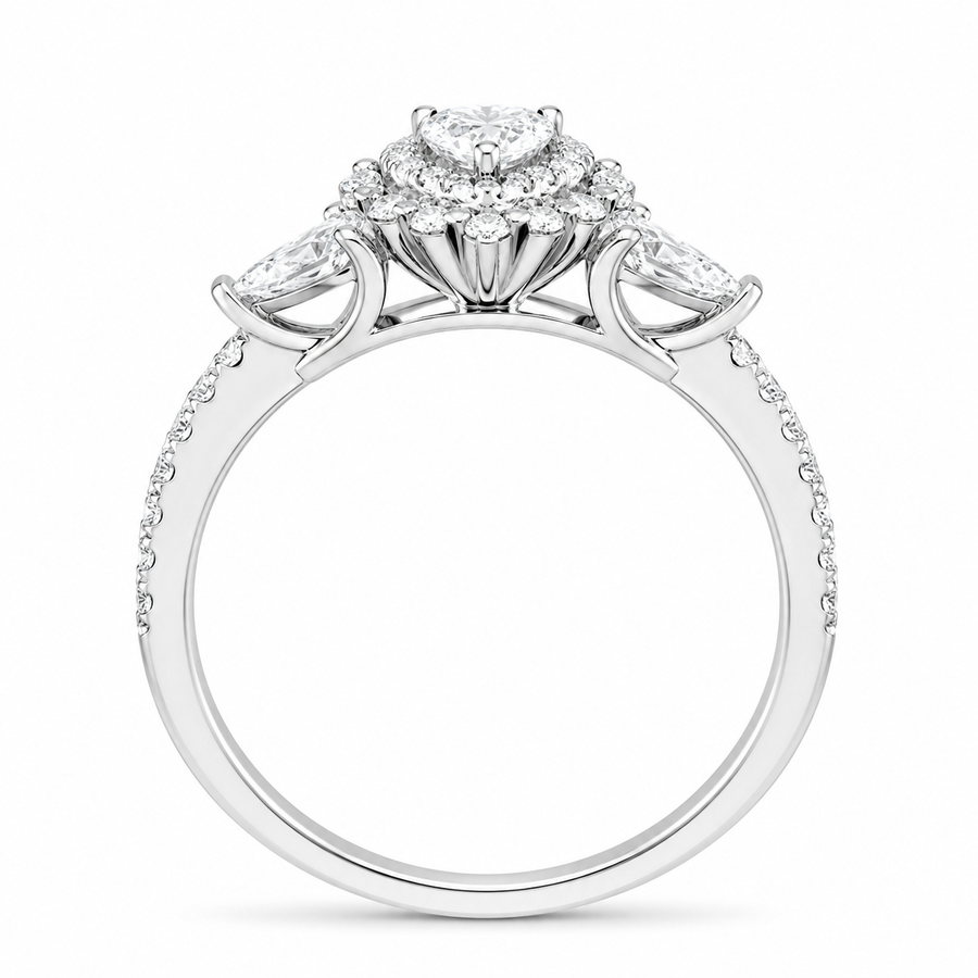 3.00 CT Pear Cut Lab-Grown Diamond Double Halo Engagement Ring in 14K White Gold – Teardrop Bridal Design with Side Stones