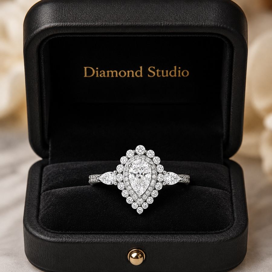 3.00 CT Pear Cut Lab-Grown Diamond Double Halo Engagement Ring in 14K White Gold – Teardrop Bridal Design with Side Stones
