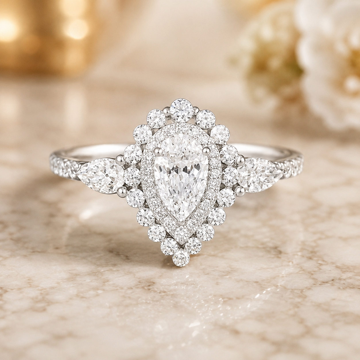 3.00 CT Pear Cut Lab-Grown Diamond Double Halo Engagement Ring in 14K White Gold – Teardrop Bridal Design with Side Stones