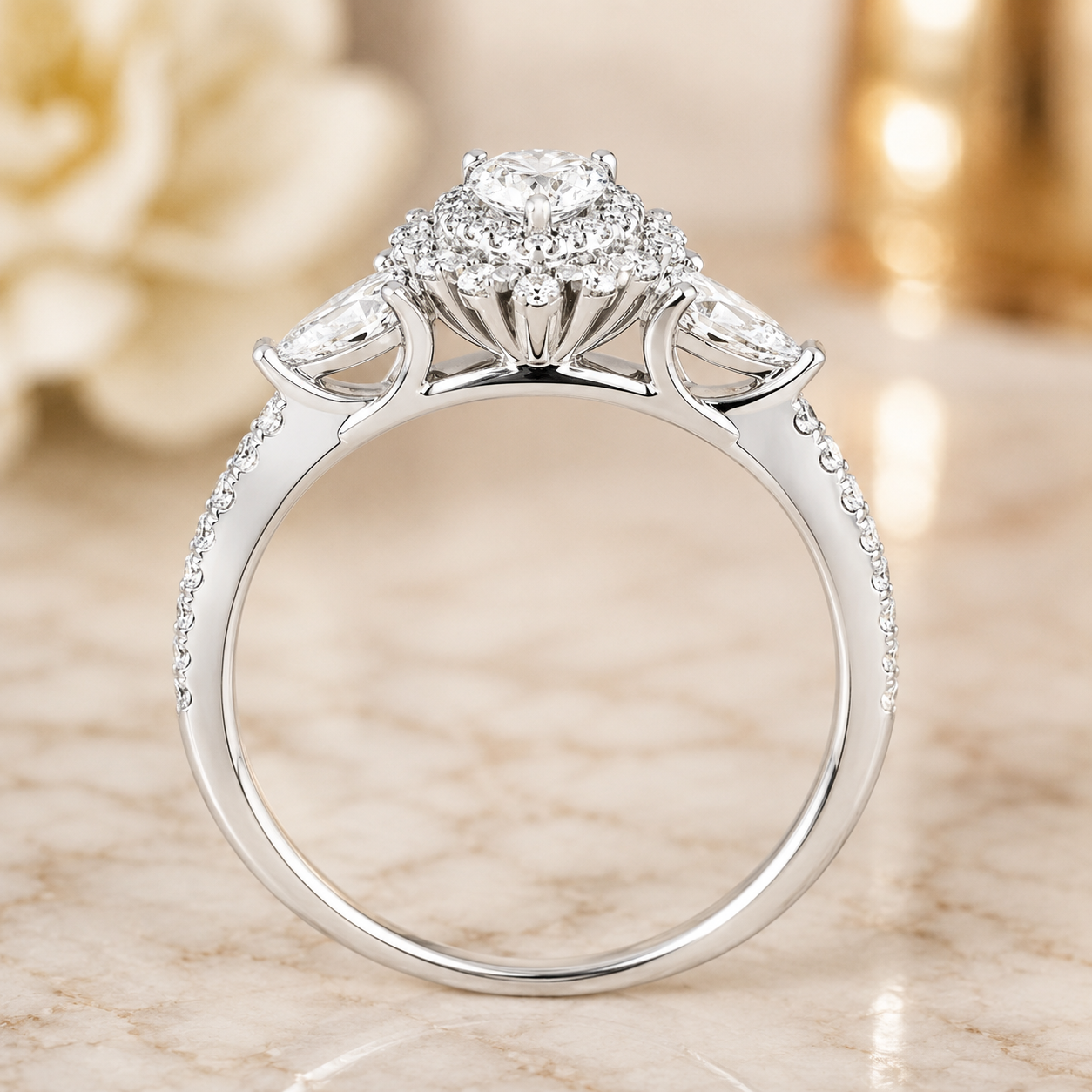 3.00 CT Pear Cut Lab-Grown Diamond Double Halo Engagement Ring in 14K White Gold – Teardrop Bridal Design with Side Stones