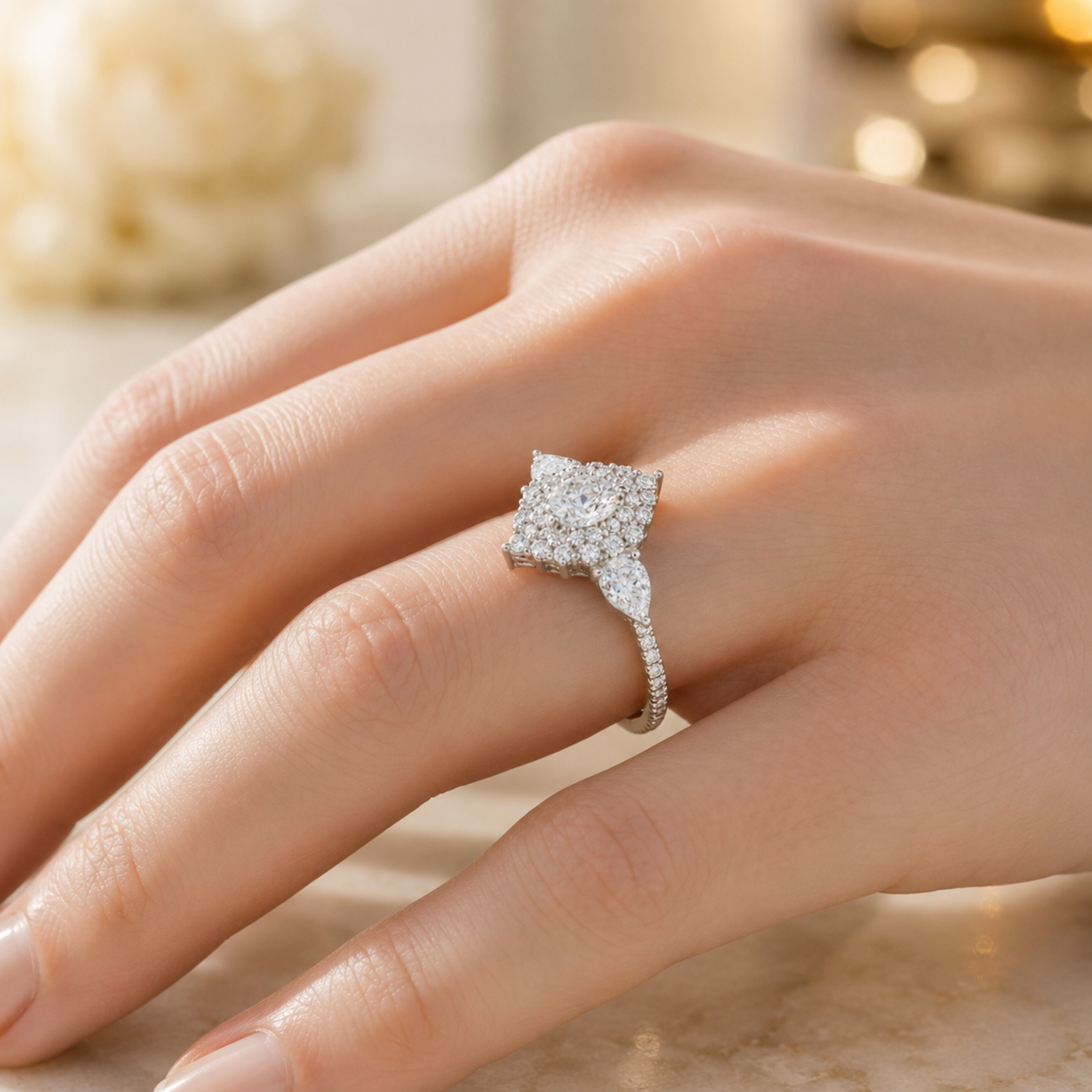 3.00 CT Pear Cut Lab-Grown Diamond Double Halo Engagement Ring in 14K White Gold – Teardrop Bridal Design with Side Stones