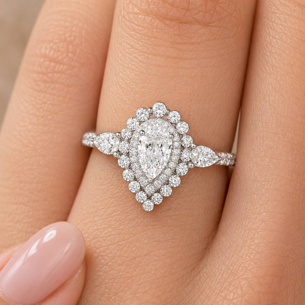 3.00 CT Pear Cut Lab-Grown Diamond Double Halo Engagement Ring in 14K White Gold – Teardrop Bridal Design with Side Stones