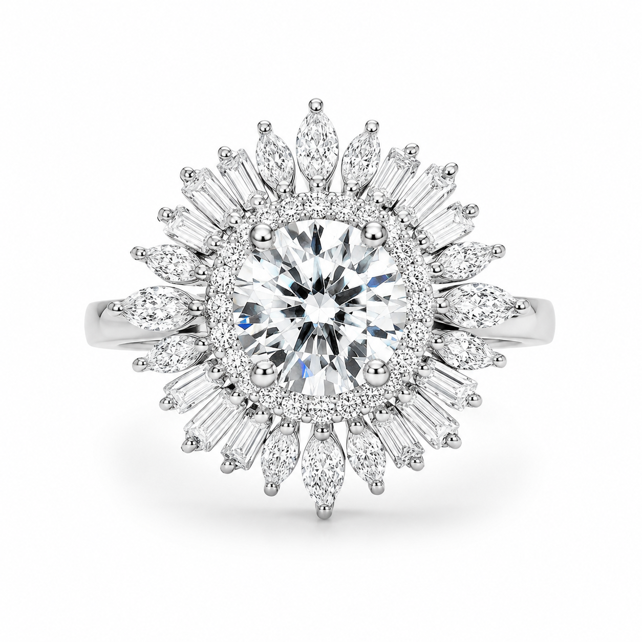 4.00 CT Round Lab-Grown Diamond Double Halo Wedding Ring in 14K White Gold – Sunburst Floral Cocktail Design
