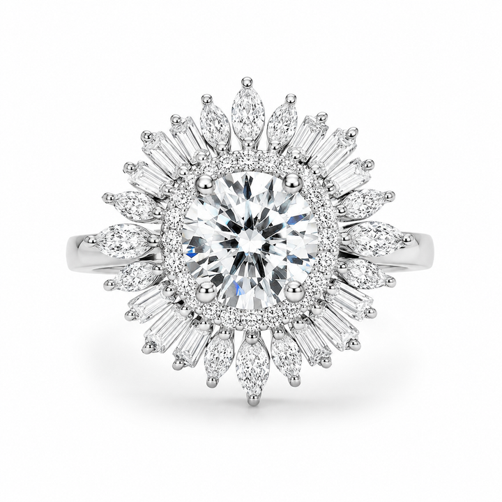 4.00 CT Round Lab-Grown Diamond Double Halo Wedding Ring in 14K White Gold â€“ Sunburst Floral Cocktail Design from Diamond Studio