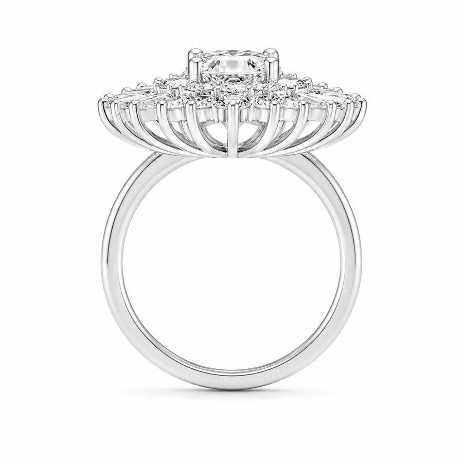 4.00 CT Round Lab-Grown Diamond Double Halo Wedding Ring in 14K White Gold – Sunburst Floral Cocktail Design