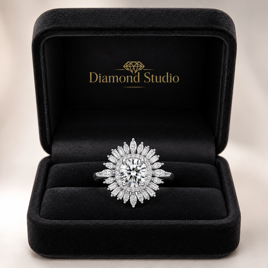 4.00 CT Round Lab-Grown Diamond Double Halo Wedding Ring in 14K White Gold – Sunburst Floral Cocktail Design