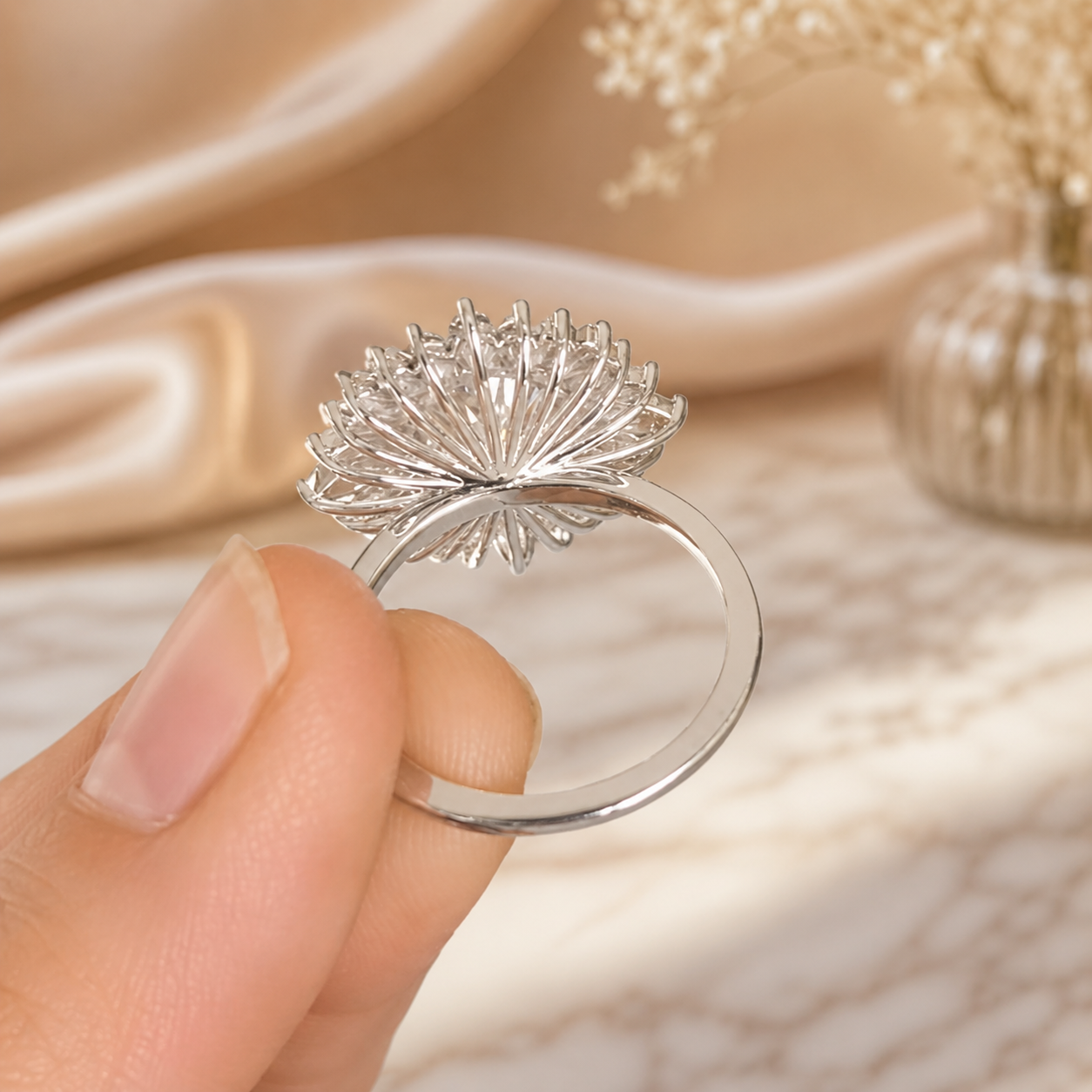 4.00 CT Round Lab-Grown Diamond Double Halo Wedding Ring in 14K White Gold – Sunburst Floral Cocktail Design