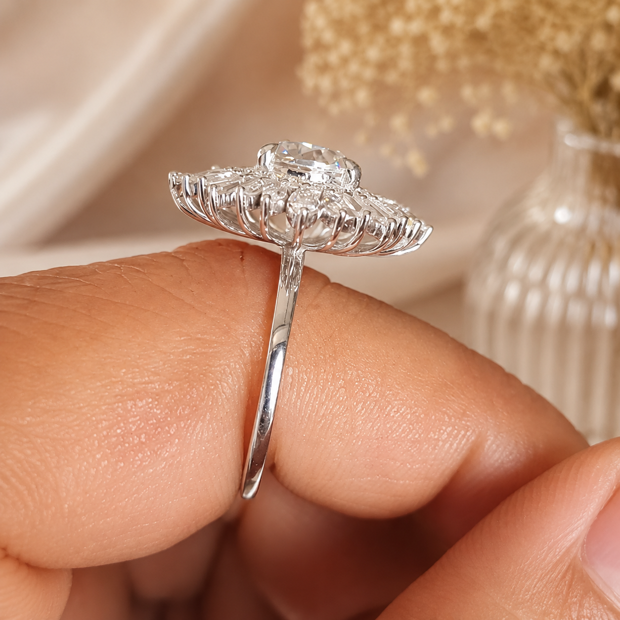 4.00 CT Round Lab-Grown Diamond Double Halo Wedding Ring in 14K White Gold – Sunburst Floral Cocktail Design