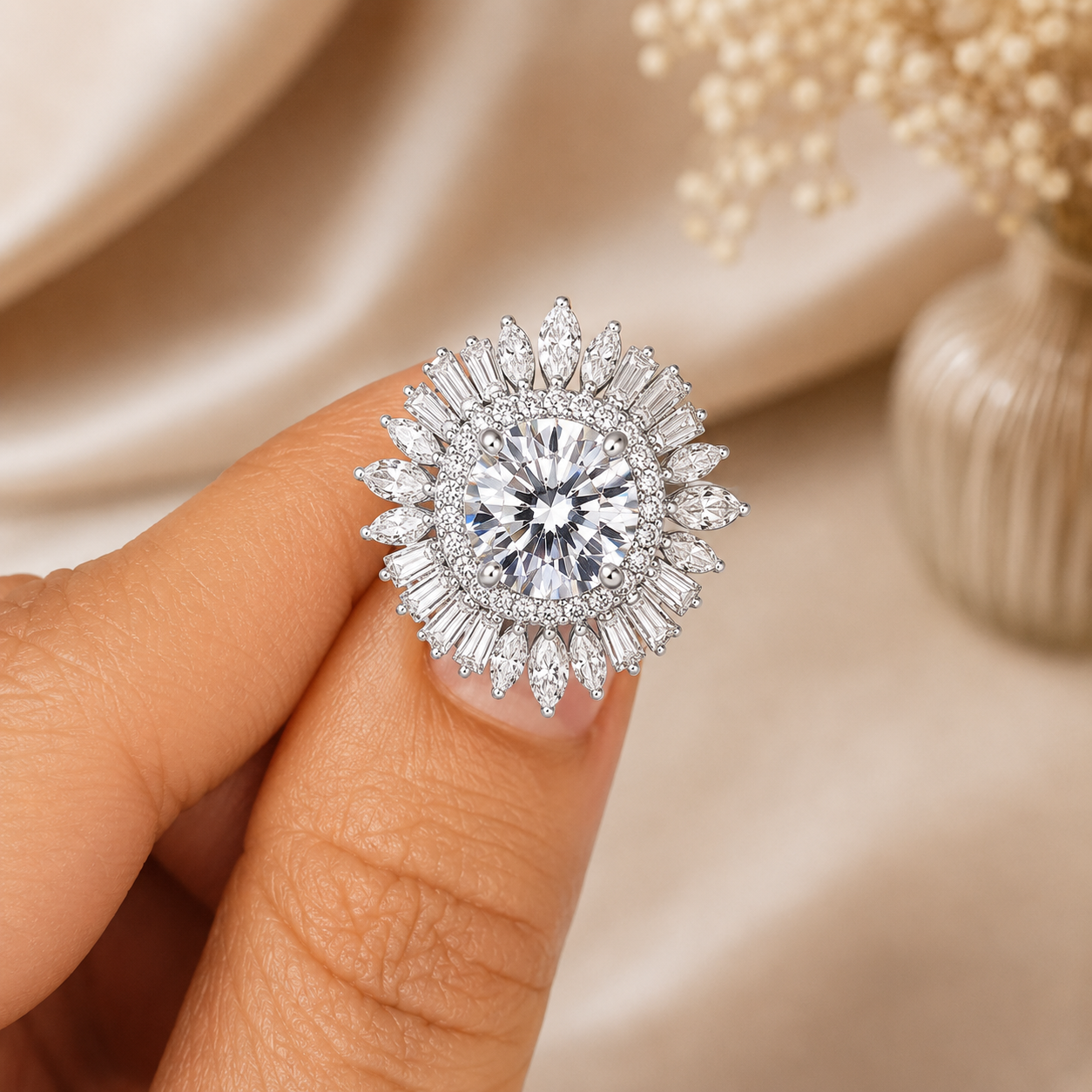4.00 CT Round Lab-Grown Diamond Double Halo Wedding Ring in 14K White Gold – Sunburst Floral Cocktail Design