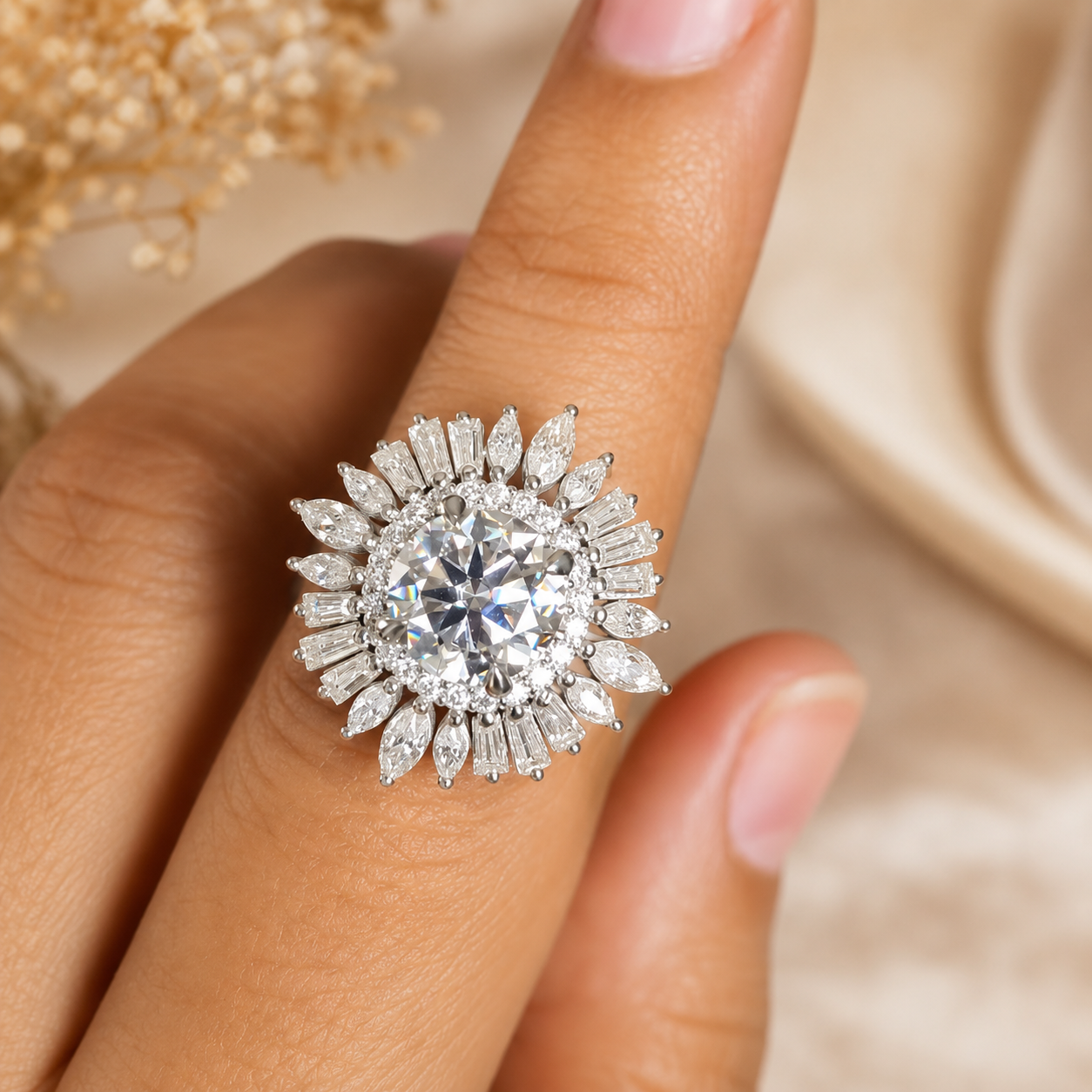 4.00 CT Round Lab-Grown Diamond Double Halo Wedding Ring in 14K White Gold – Sunburst Floral Cocktail Design