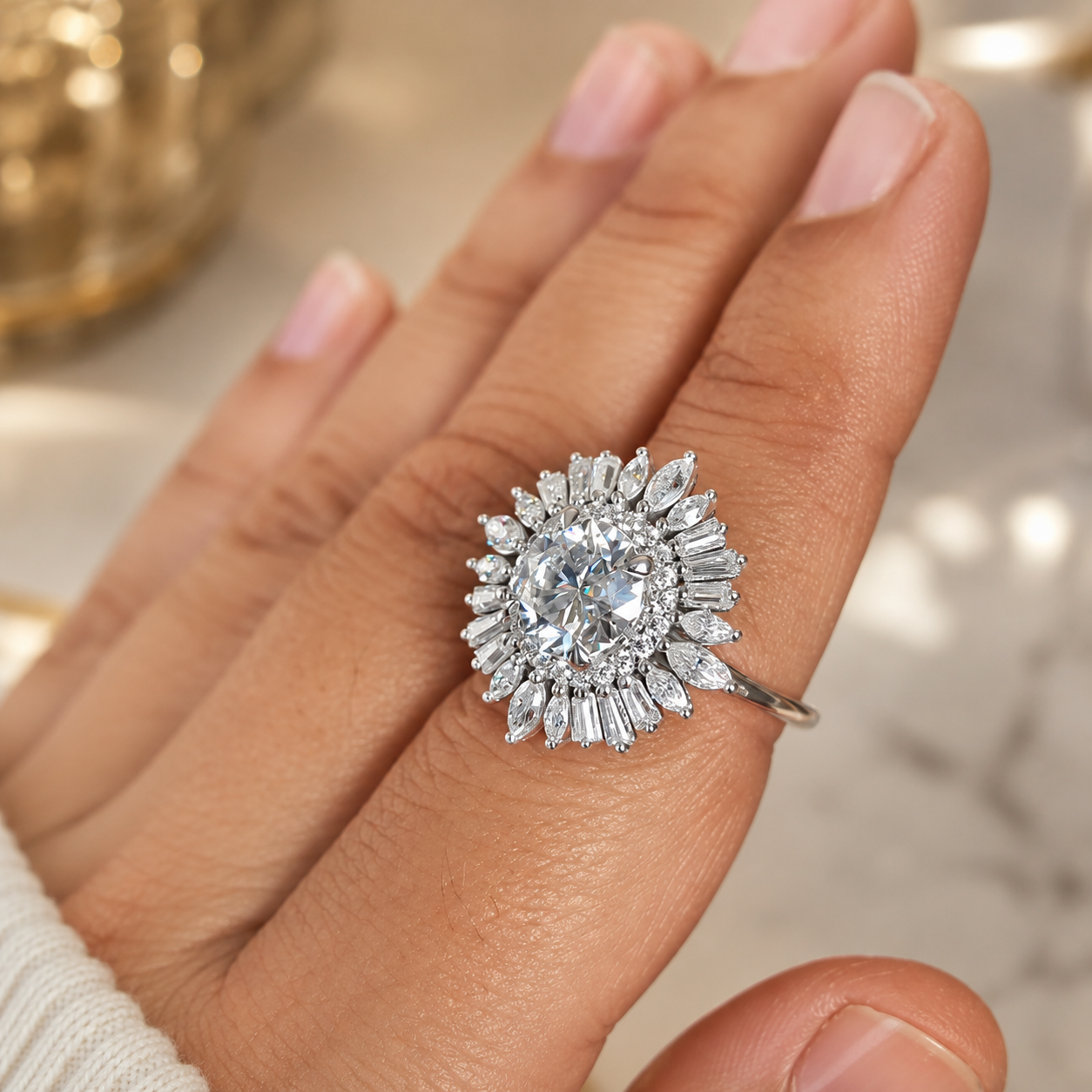 4.00 CT Round Lab-Grown Diamond Double Halo Wedding Ring in 14K White Gold – Sunburst Floral Cocktail Design