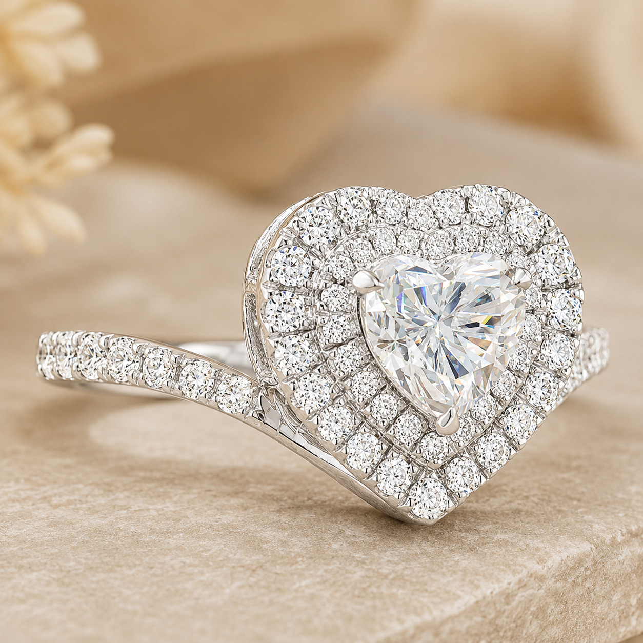 1.80 CT Heart Lab-Grown Diamond Double Halo Engagement Ring in 14K White Gold – Romantic Pavé Bridal Design