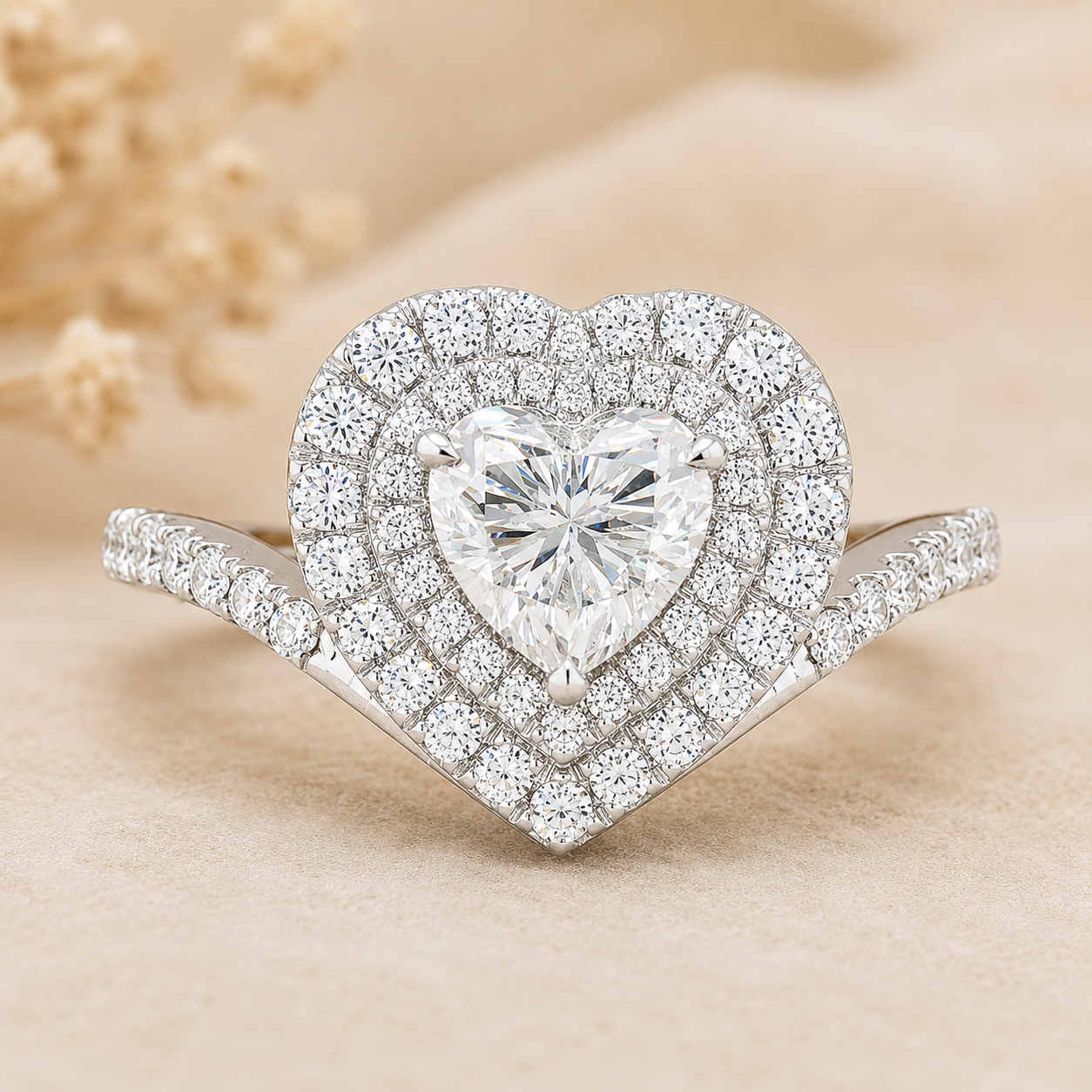 1.80 CT Heart Lab-Grown Diamond Double Halo Engagement Ring in 14K White Gold – Romantic Pavé Bridal Design