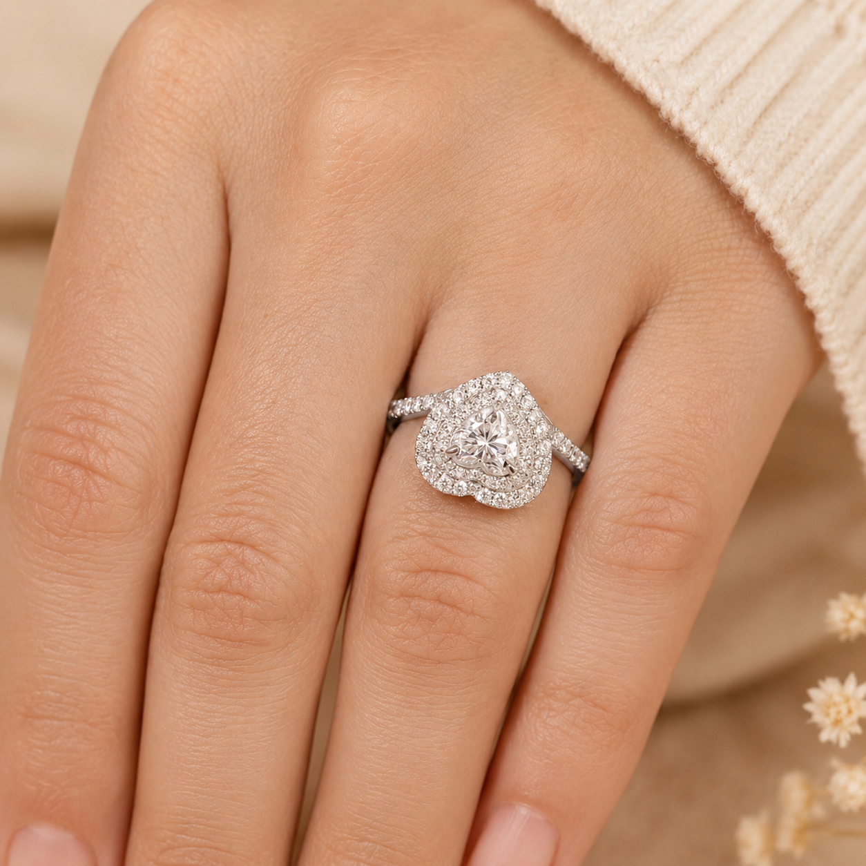 1.80 CT Heart Lab-Grown Diamond Double Halo Engagement Ring in 14K White Gold – Romantic Pavé Bridal Design