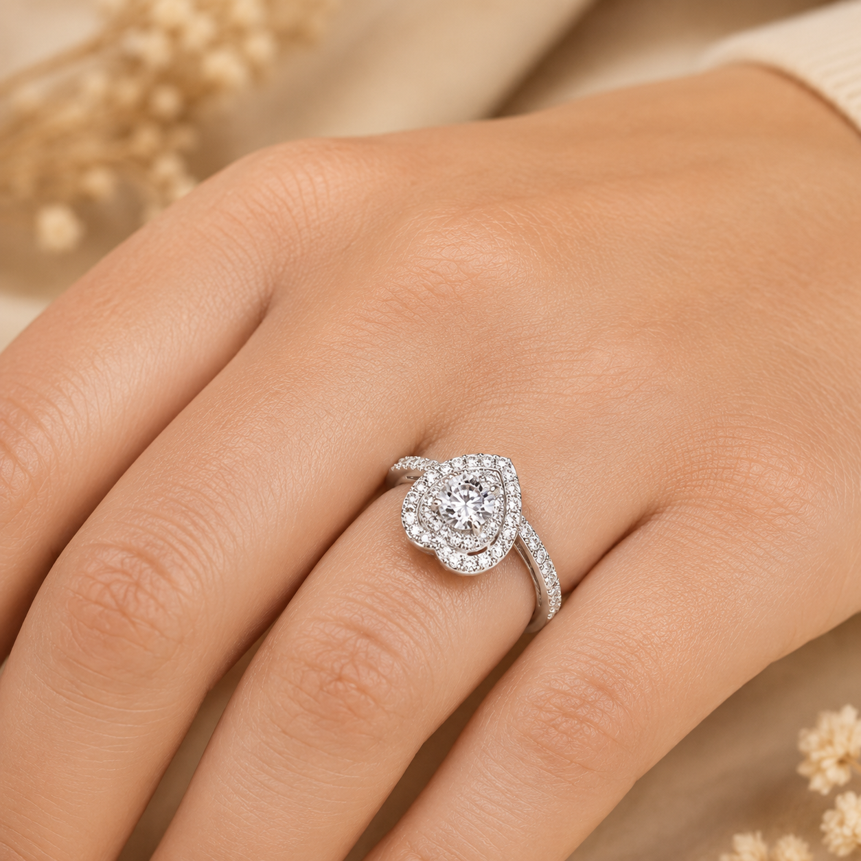 1.80 CT Heart Lab-Grown Diamond Double Halo Engagement Ring in 14K White Gold – Romantic Pavé Bridal Design