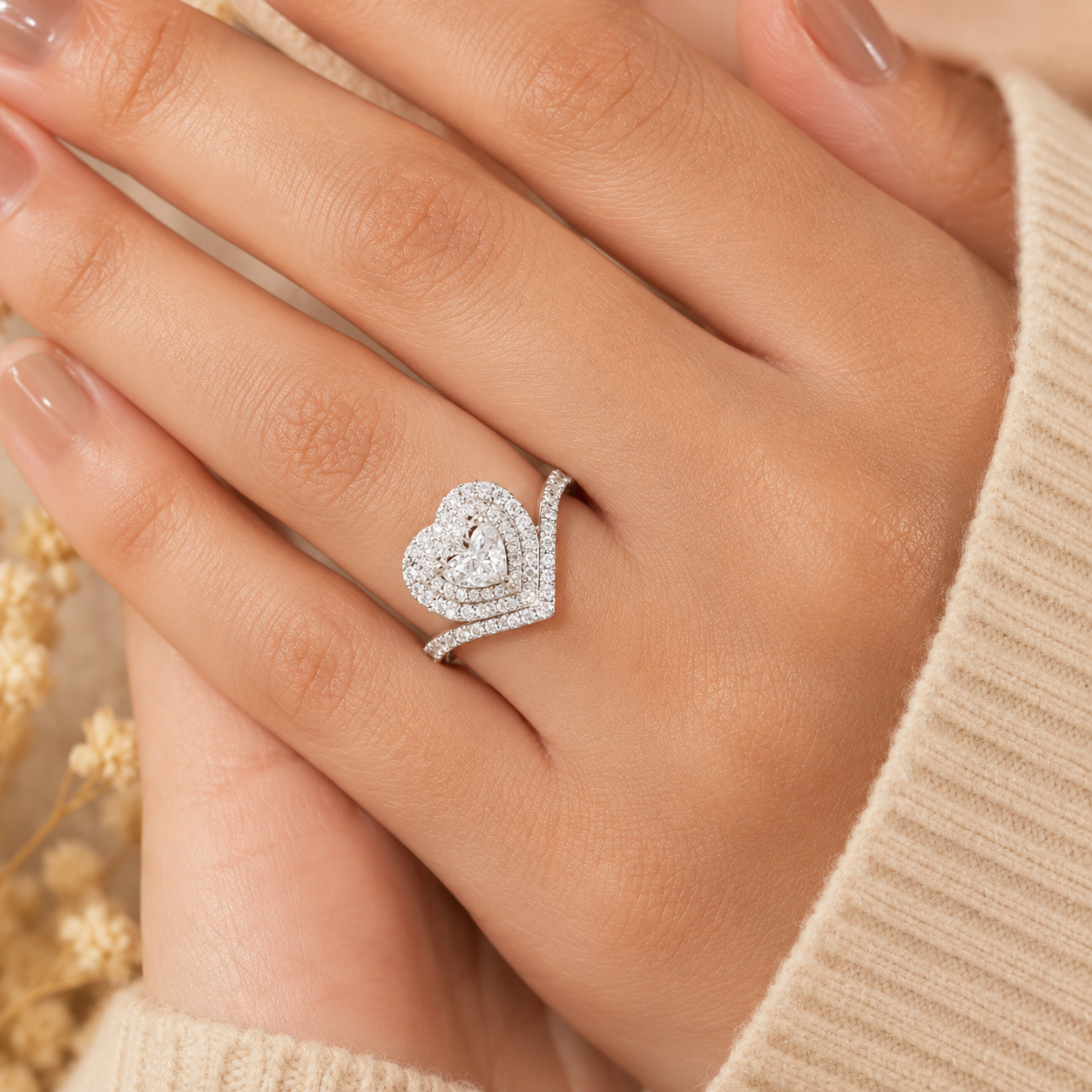 1.80 CT Heart Lab-Grown Diamond Double Halo Engagement Ring in 14K White Gold – Romantic Pavé Bridal Design