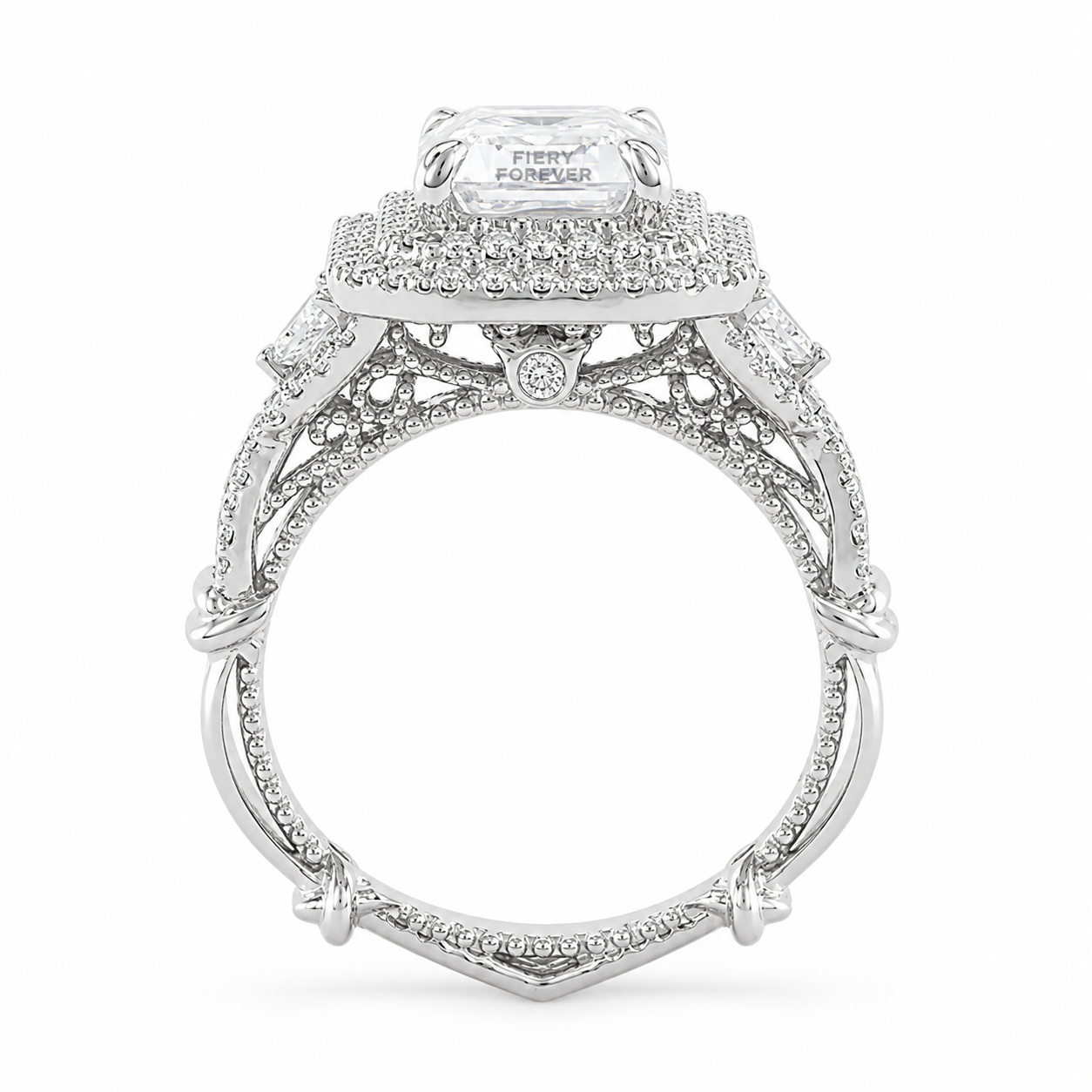 2.50 CT Emerald Cut Lab-Grown Diamond Double Halo Engagement Ring in 14K White Gold – Triangle Side Stone Twisted Shank Design
