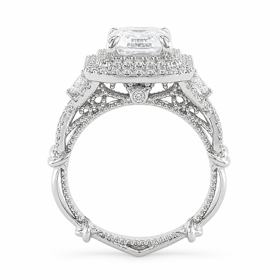 2.50 CT Emerald Cut Lab-Grown Diamond Double Halo Engagement Ring in 14K White Gold – Triangle Side Stone Twisted Shank Design
