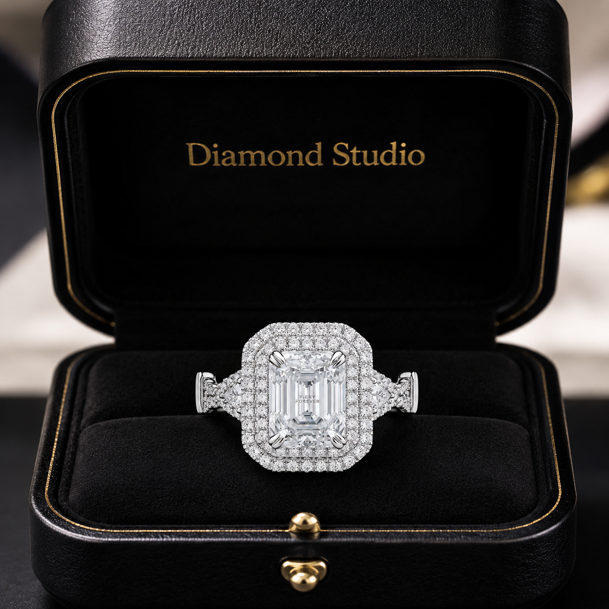 2.50 CT Emerald Cut Lab-Grown Diamond Double Halo Engagement Ring in 14K White Gold – Triangle Side Stone Twisted Shank Design