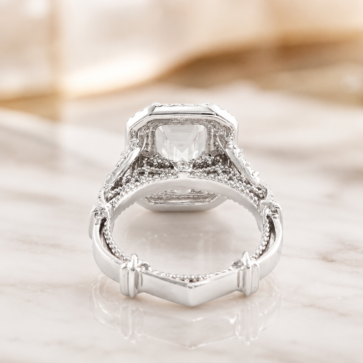 2.50 CT Emerald Cut Lab-Grown Diamond Double Halo Engagement Ring in 14K White Gold – Triangle Side Stone Twisted Shank Design