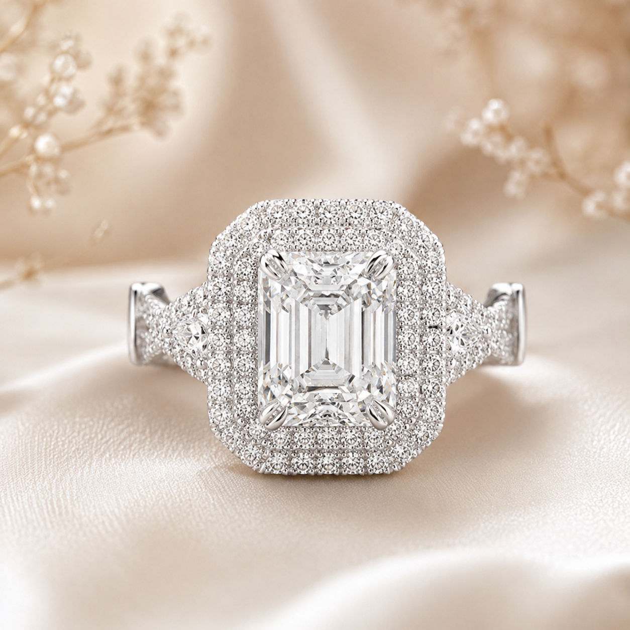 2.50 CT Emerald Cut Lab-Grown Diamond Double Halo Engagement Ring in 14K White Gold – Triangle Side Stone Twisted Shank Design