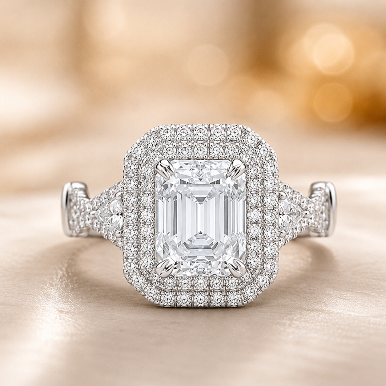 2.50 CT Emerald Cut Lab-Grown Diamond Double Halo Engagement Ring in 14K White Gold – Triangle Side Stone Twisted Shank Design