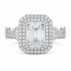 2.50 CT Emerald Cut Lab-Grown Diamond Double Halo Engagement Ring in 14K White Gold – Triangle Side Stone Twisted Shank Design