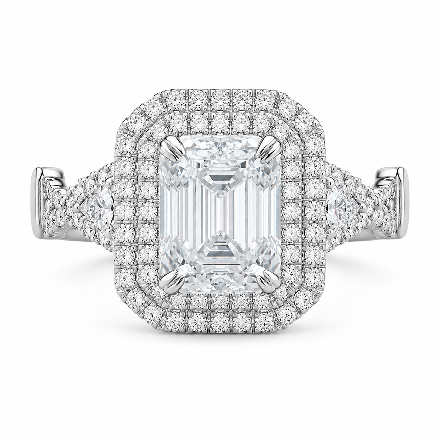 2.50 CT Emerald Cut Lab-Grown Diamond Double Halo Engagement Ring in 14K White Gold – Triangle Side Stone Twisted Shank Design