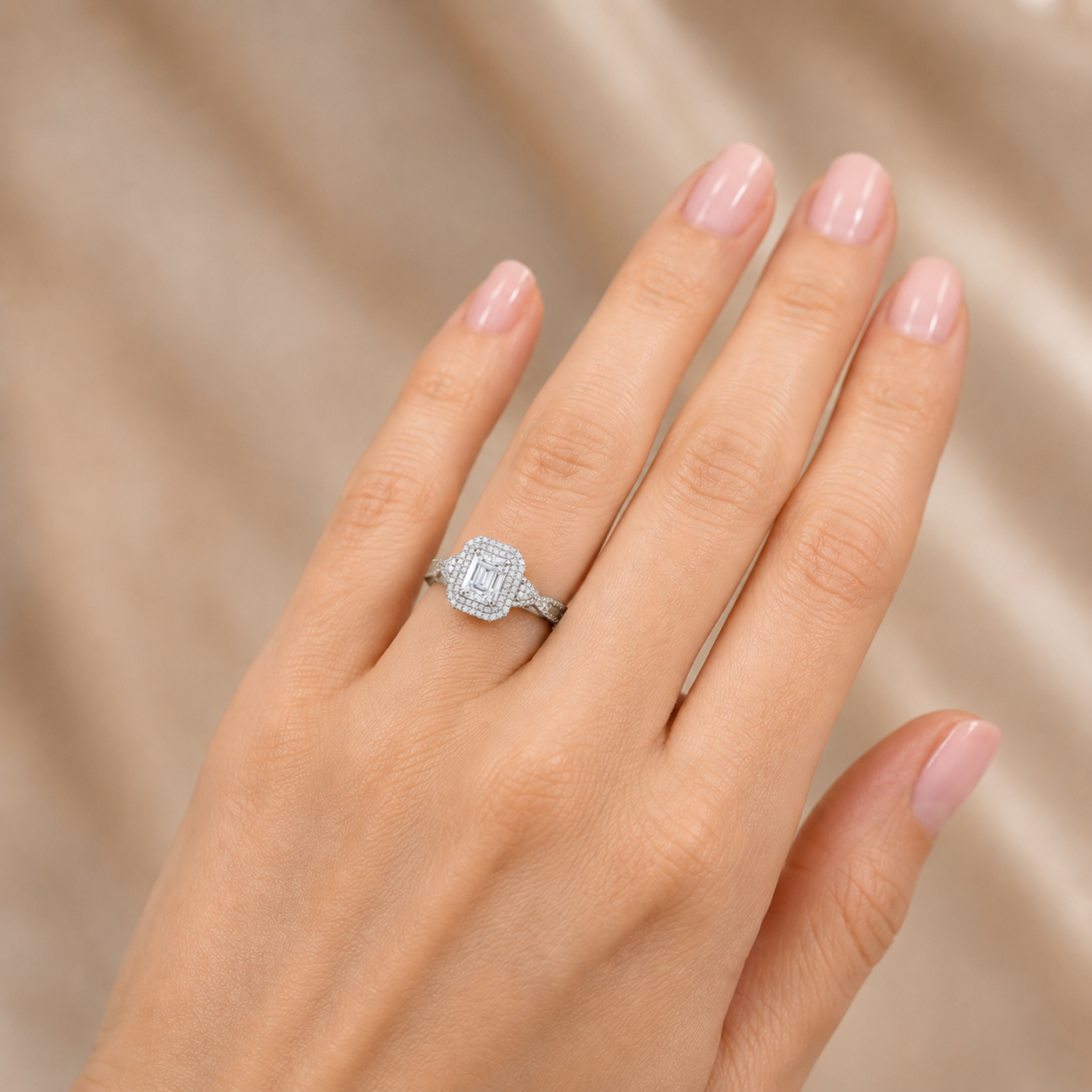 2.50 CT Emerald Cut Lab-Grown Diamond Double Halo Engagement Ring in 14K White Gold – Triangle Side Stone Twisted Shank Design