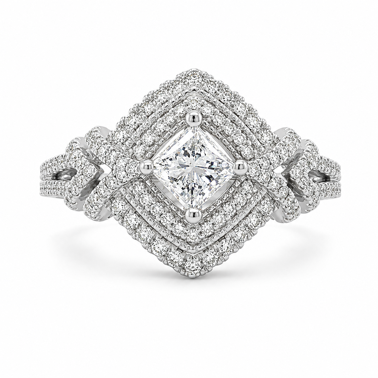 1.50 CT Princess Cut Lab-Grown Diamond Double Halo Engagement Ring in 14K White Gold – Round Diamond Bridal Design