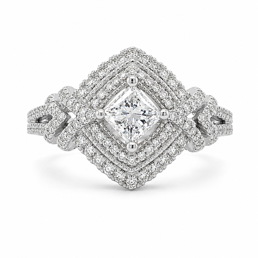 1.50 CT Princess Cut Lab-Grown Diamond Double Halo Engagement Ring in 14K White Gold – Round Diamond Bridal Design