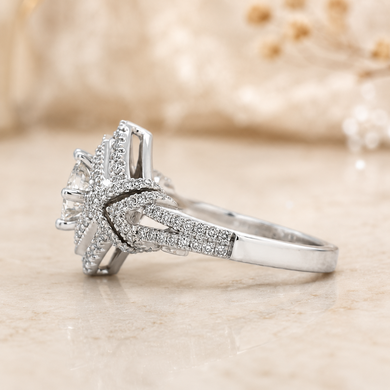 1.50 CT Princess Cut Lab-Grown Diamond Double Halo Engagement Ring in 14K White Gold – Round Diamond Bridal Design