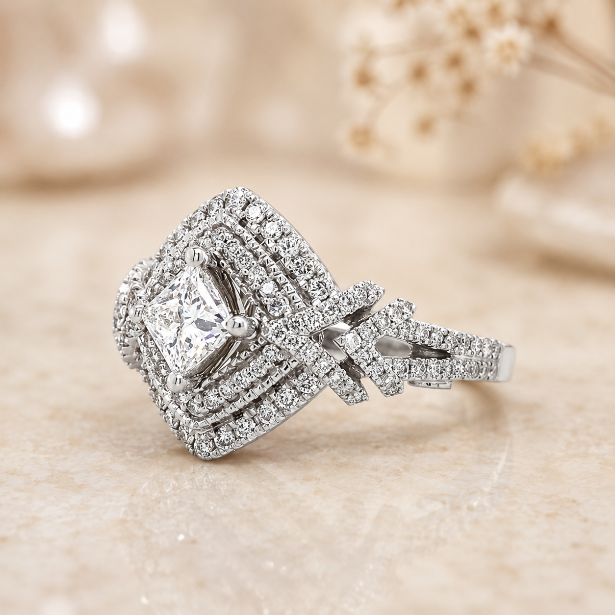 1.50 CT Princess Cut Lab-Grown Diamond Double Halo Engagement Ring in 14K White Gold – Round Diamond Bridal Design