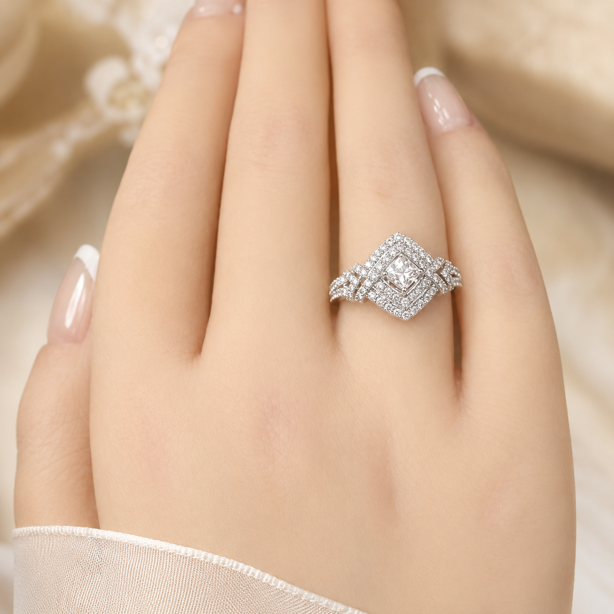 1.50 CT Princess Cut Lab-Grown Diamond Double Halo Engagement Ring in 14K White Gold – Round Diamond Bridal Design