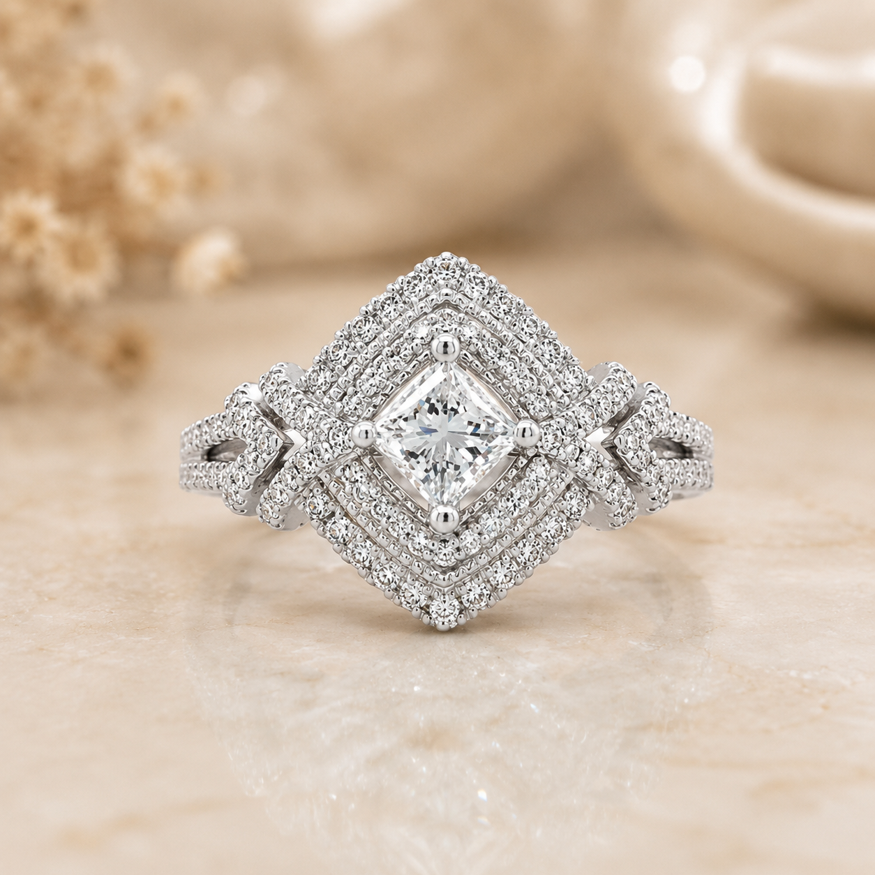 1.50 CT Princess Cut Lab-Grown Diamond Double Halo Engagement Ring in 14K White Gold – Round Diamond Bridal Design