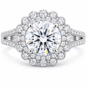 2.00 CT Round Lab-Grown Diamond Double Halo Engagement Ring in 14K White Gold – Split Shank Vintage Art Deco Design