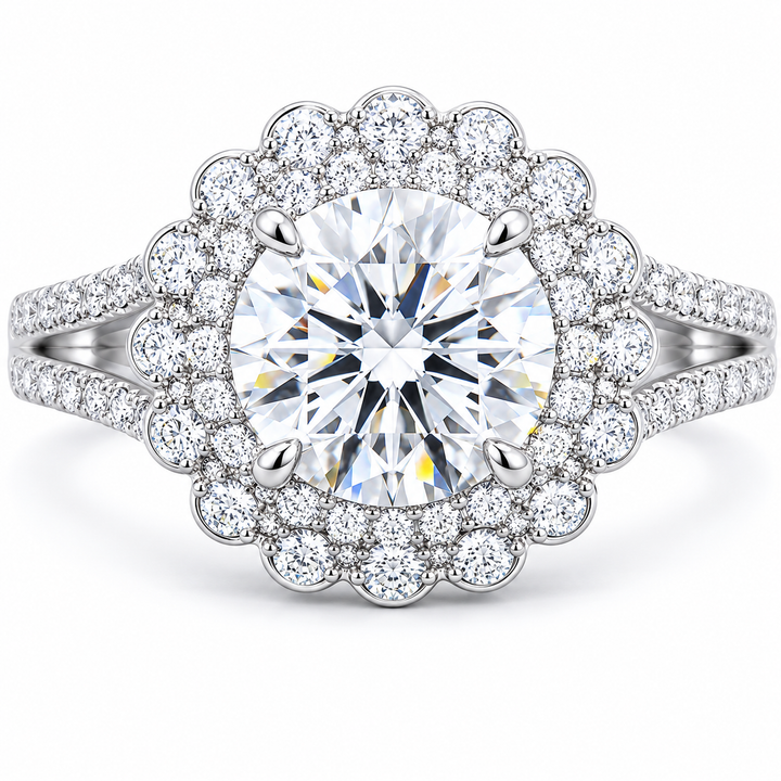 2.00 CT Round Lab-Grown Diamond Double Halo Engagement Ring in 14K White Gold â€“ Split Shank Vintage Art Deco Design from Diamond Studio