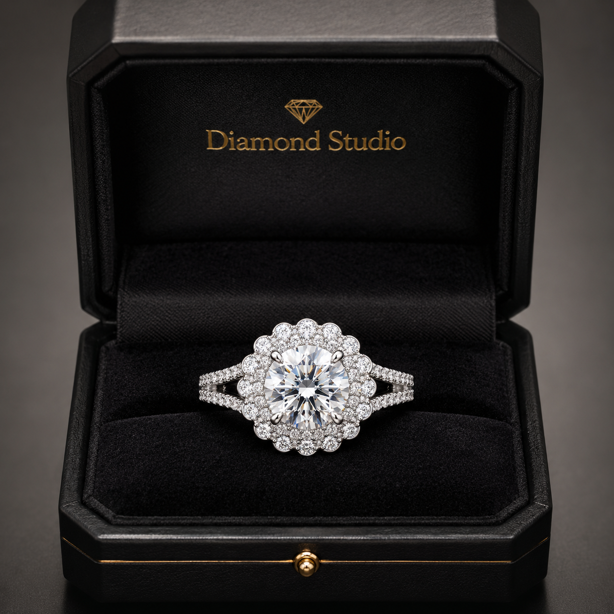 2.00 CT Round Lab-Grown Diamond Double Halo Engagement Ring in 14K White Gold – Split Shank Vintage Art Deco Design