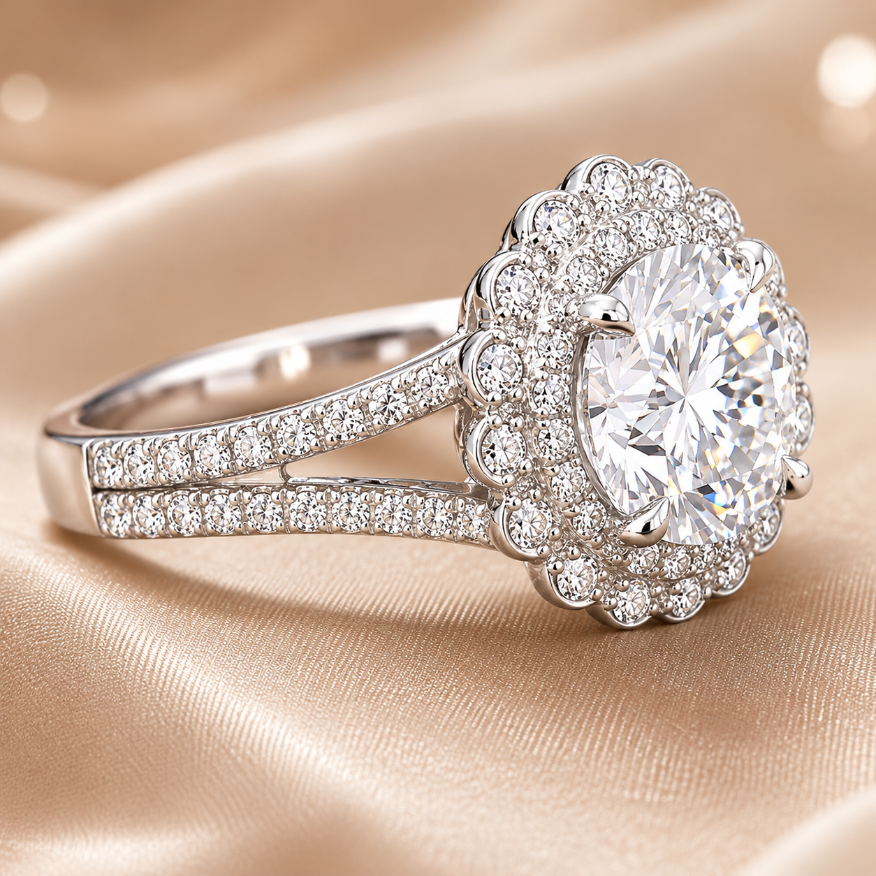 2.00 CT Round Lab-Grown Diamond Double Halo Engagement Ring in 14K White Gold – Split Shank Vintage Art Deco Design