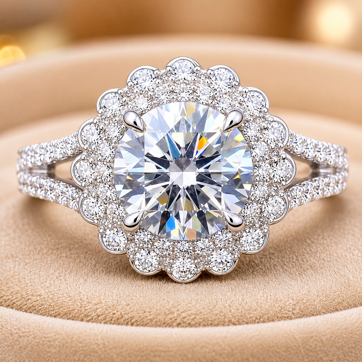 2.00 CT Round Lab-Grown Diamond Double Halo Engagement Ring in 14K White Gold – Split Shank Vintage Art Deco Design