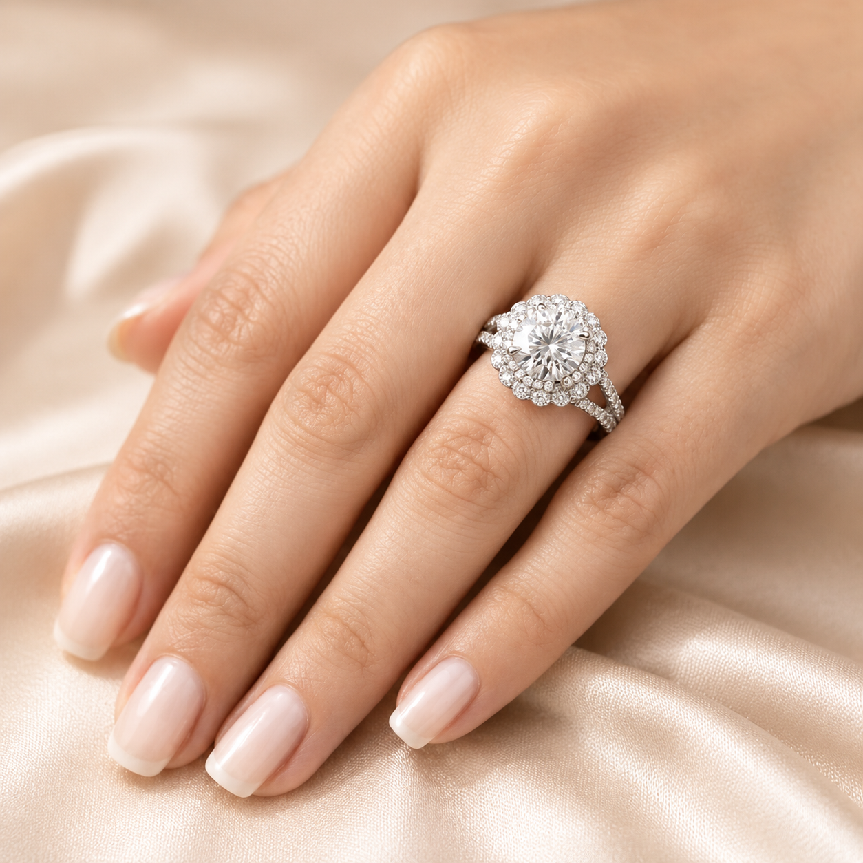 2.00 CT Round Lab-Grown Diamond Double Halo Engagement Ring in 14K White Gold – Split Shank Vintage Art Deco Design