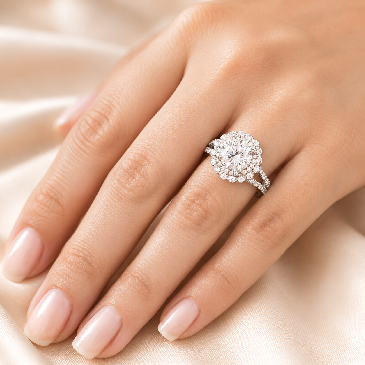 2.00 CT Round Lab-Grown Diamond Double Halo Engagement Ring in 14K White Gold – Split Shank Vintage Art Deco Design